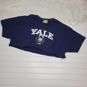 Yale University Shirt Women's Size XL Crop Top Navy Blue Raw Edge